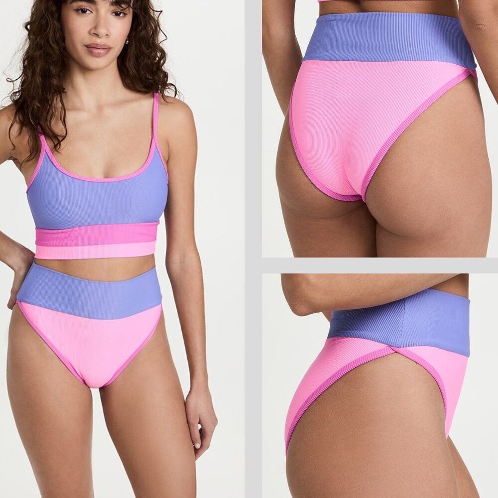 Beach Riot Lavender and Pink High-Waist Ribbed Bikini BOTTOM ONLY